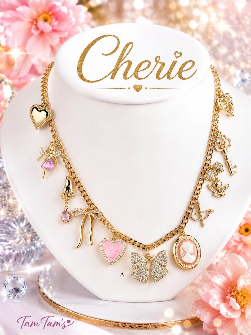 Park Lane Cherie Charm Necklace Gold Tone Pink Cameo Heart Bow Key Fairy FiRm